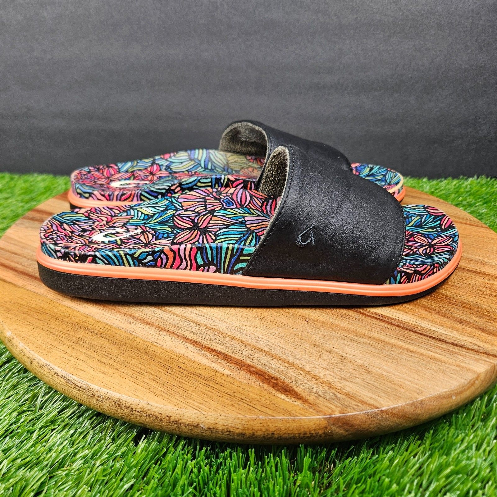 Olukai Pu'e One Slide Sandals Womens 6 Black Multi-Color Flower Slip On Shoes